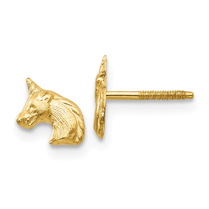 Whisper threader earrings-Kids Unicorn Screw Back Post Earrings in 14k Yellow Gold