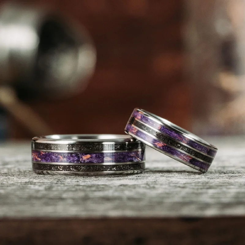 Classic flair rings-The Sky to Field and Field to Sky - Lavender and Meteorite Ring Set