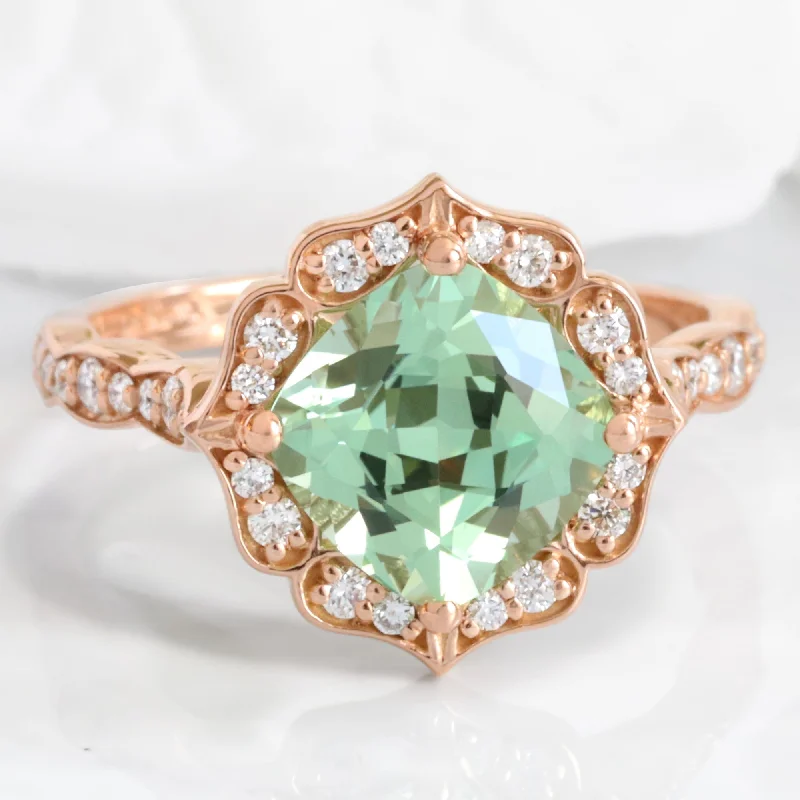 Classic lock rings-Large Cushion Green Sapphire Ring in 14k Rose Gold Vintage Halo Diamond Size 6.25