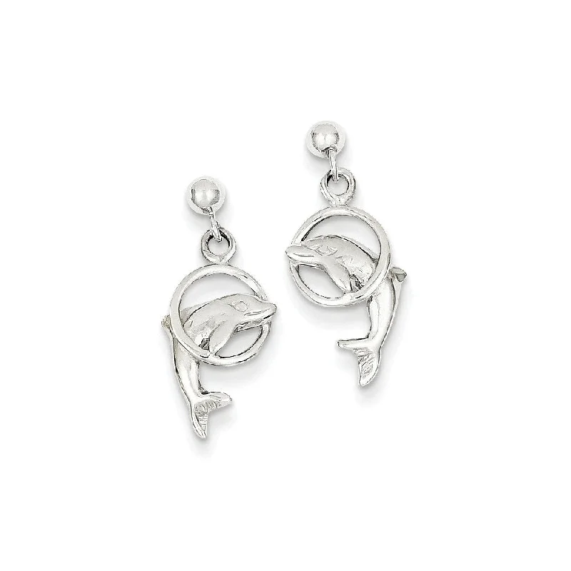 Spiral wire earrings-Dolphin & Hoop Dangle Post Earrings in 14k White Gold