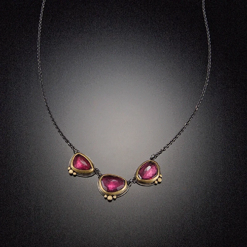 New moon necklaces-Three Garnet Necklace with Gold Dots