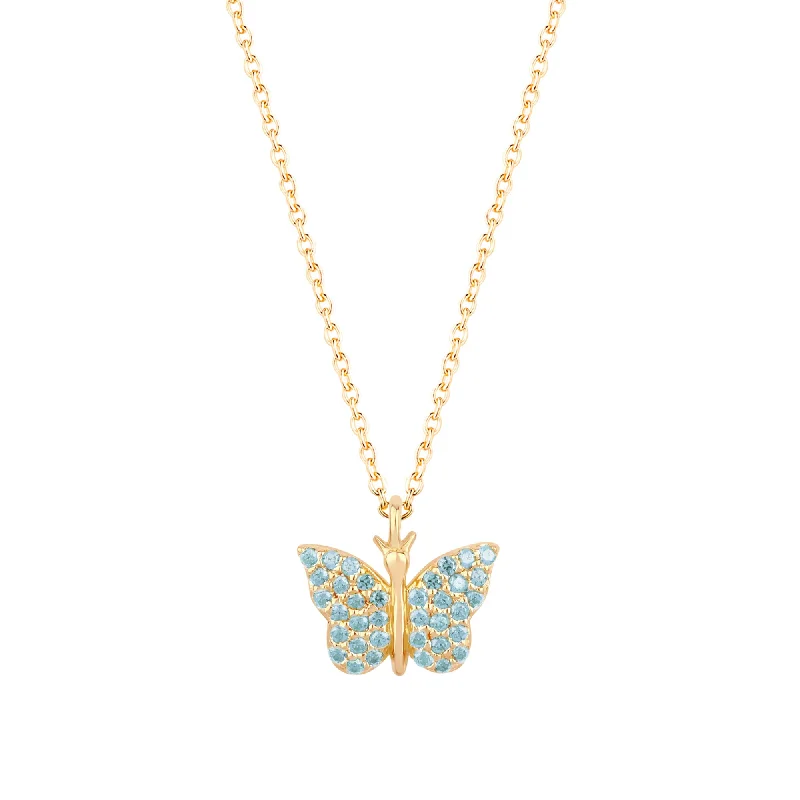 Treasure locket necklaces-Butterfly 18K Gold Plated Necklace w. Light Blue Zirconias