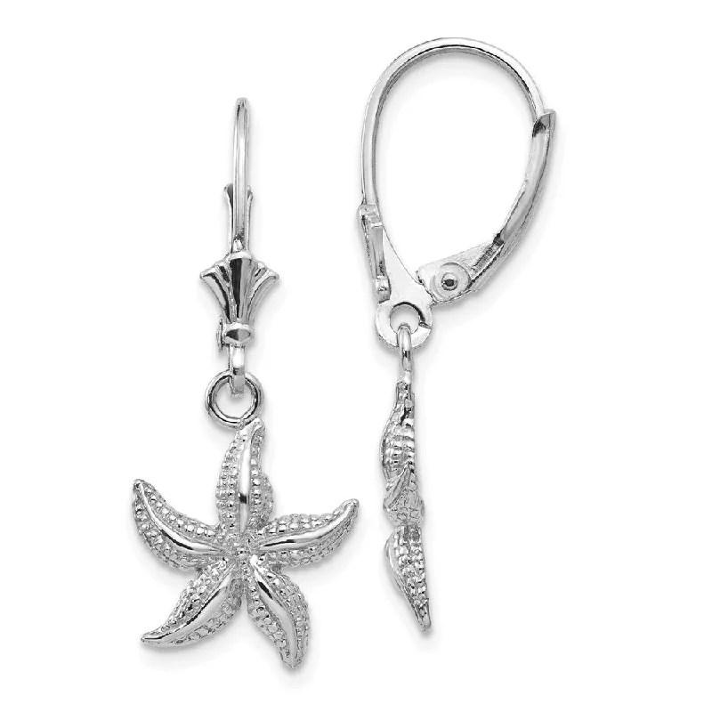 Bold cuff earrings-12mm Textured Starfish Lever Back Earrings in 14k White Gold