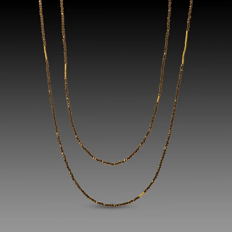 Jet black necklaces-Long Pyrite Necklace with Gold Beads