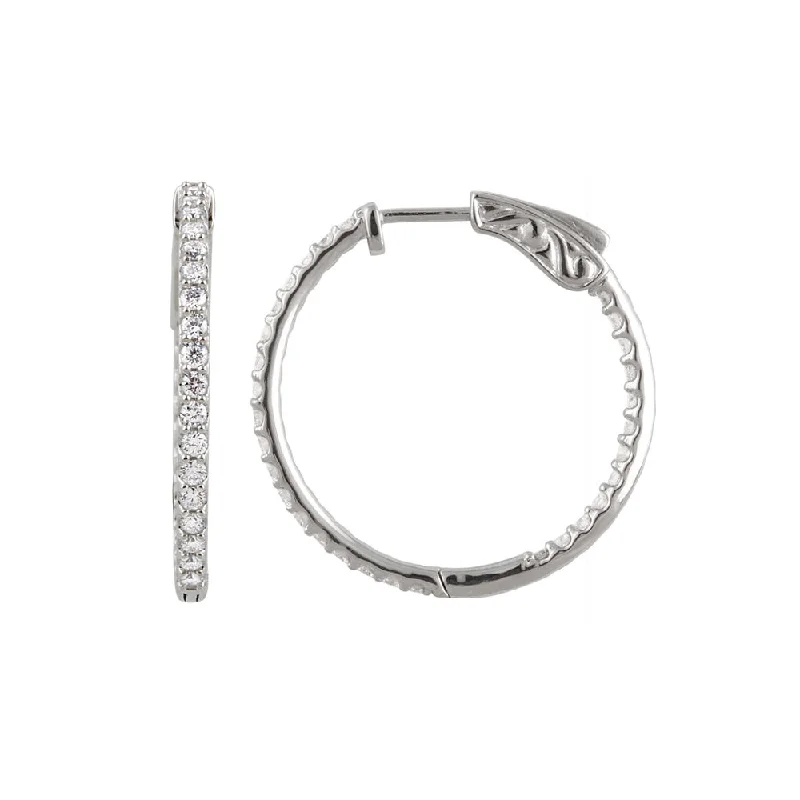 Topaz stud earrings-14k White Gold 27mm Inside Outside Diamond Hinged Round Hoop Earrings