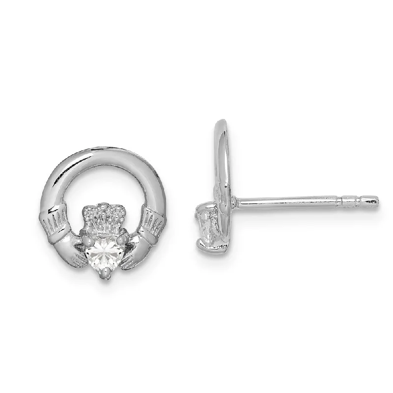 Ripple design earrings-10mm Cubic Zirconia Claddagh Post Earrings in Sterling Silver