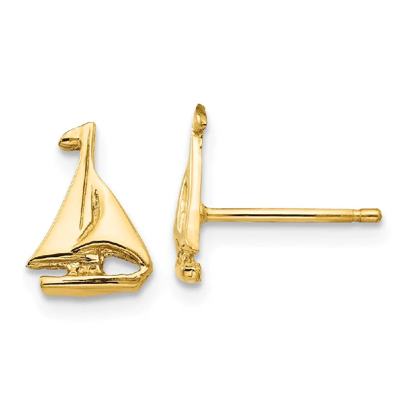 Wave shape earrings-Mini Polished Sailboat Post Earrings in 14k Yellow Gold