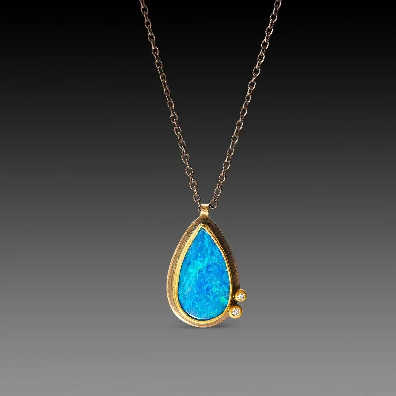 Crystal-wrapped necklaces-Teardrop Australian Opal Necklace with Diamond Dots