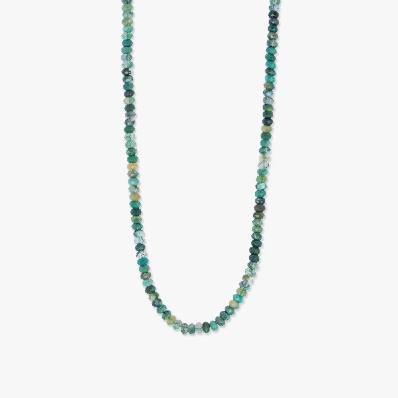 Tarnished silver necklaces-Nodo Beaded Necklace in Rhodium Silver with Green Moss Agate