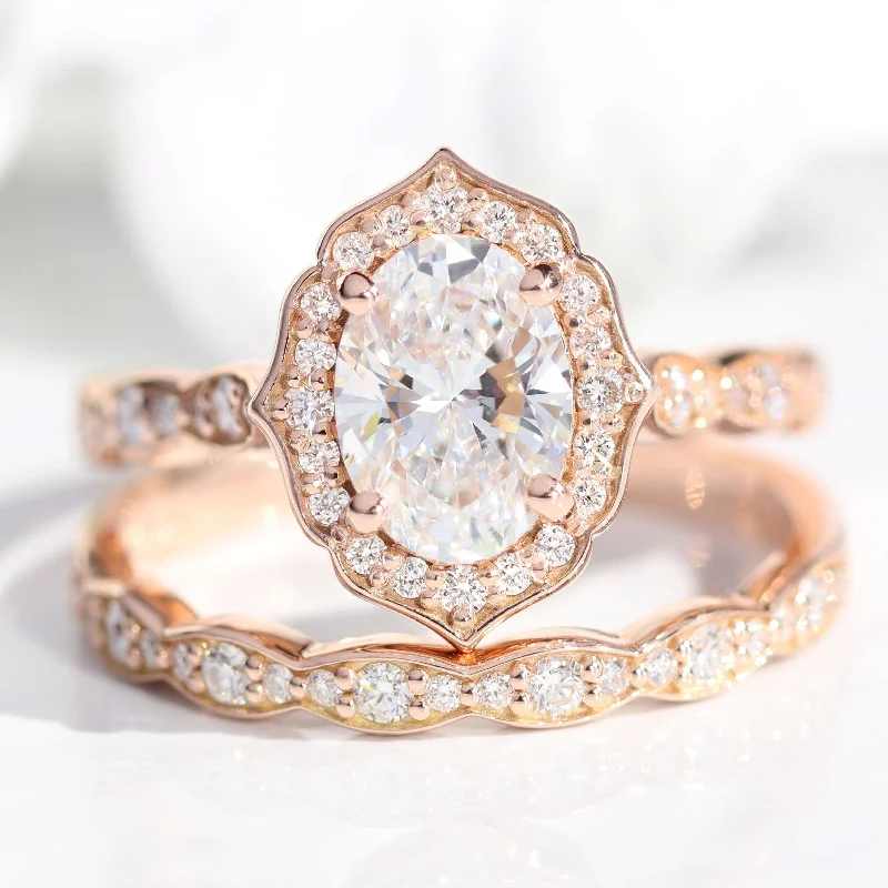 New moon rings-Oval Diamond Vintage Floral Ring Set w/ Lab Diamond and Matching Wedding Band