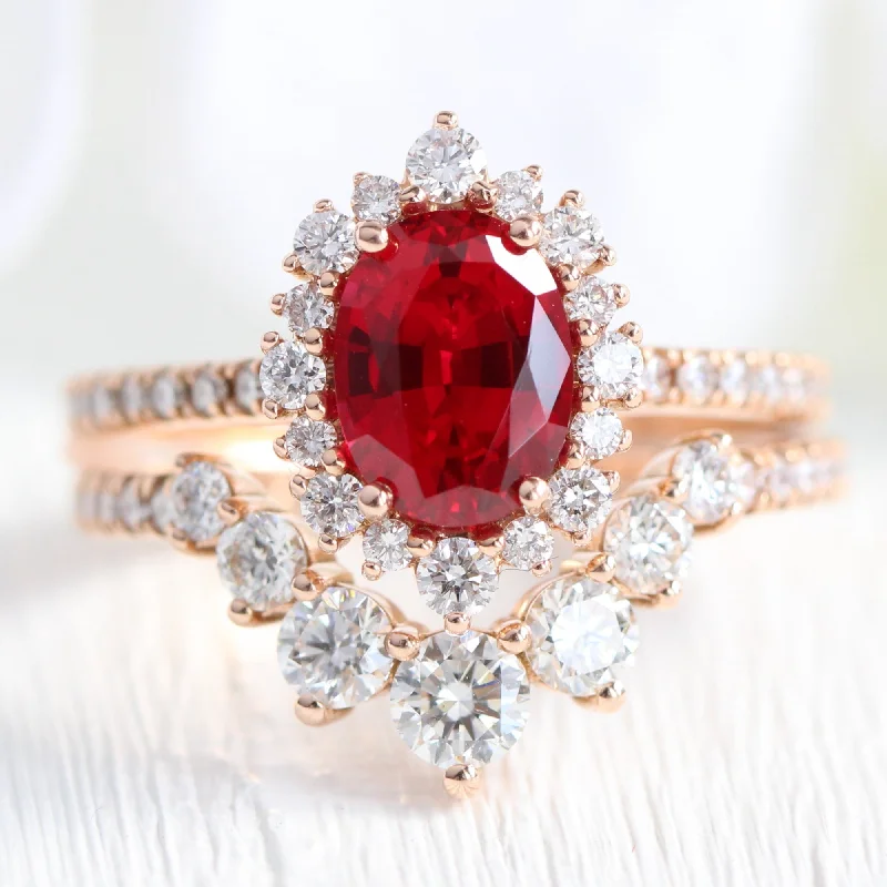 Multi-gem rings-Tiara Halo Oval Ruby Bridal Ring Set w/ Large 7 Diamond U Shaped Pave Band