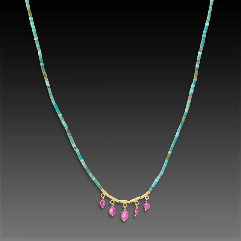 Flapper style necklaces-Turquoise Necklace with Five Ruby Drops