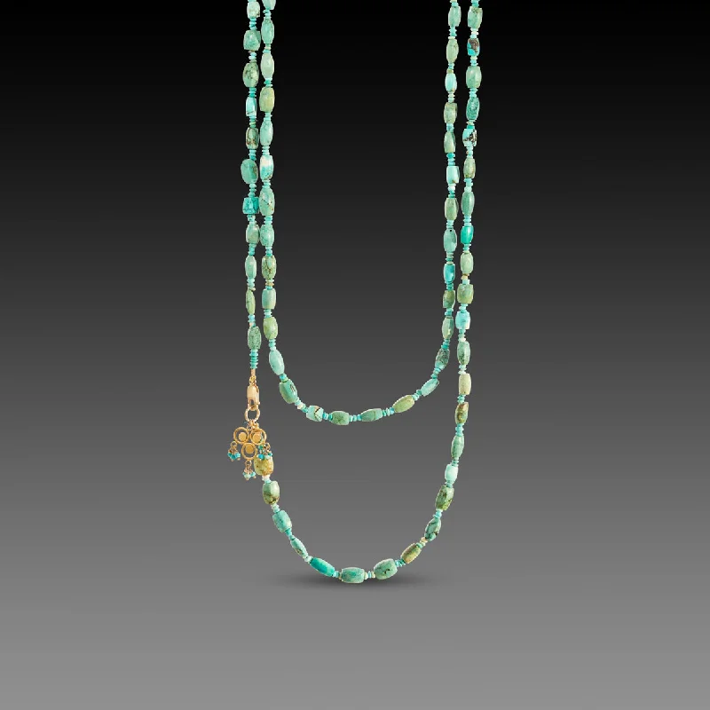 Floating gem necklaces-Long Turquoise Necklace with Gold Trio Charm