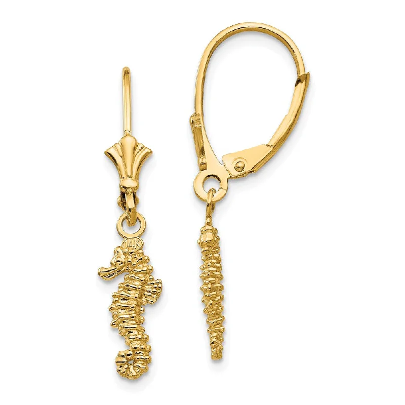 Georgian style earrings-3D Mini Textured Seahorse Lever Back Earrings in 14k Yellow Gold