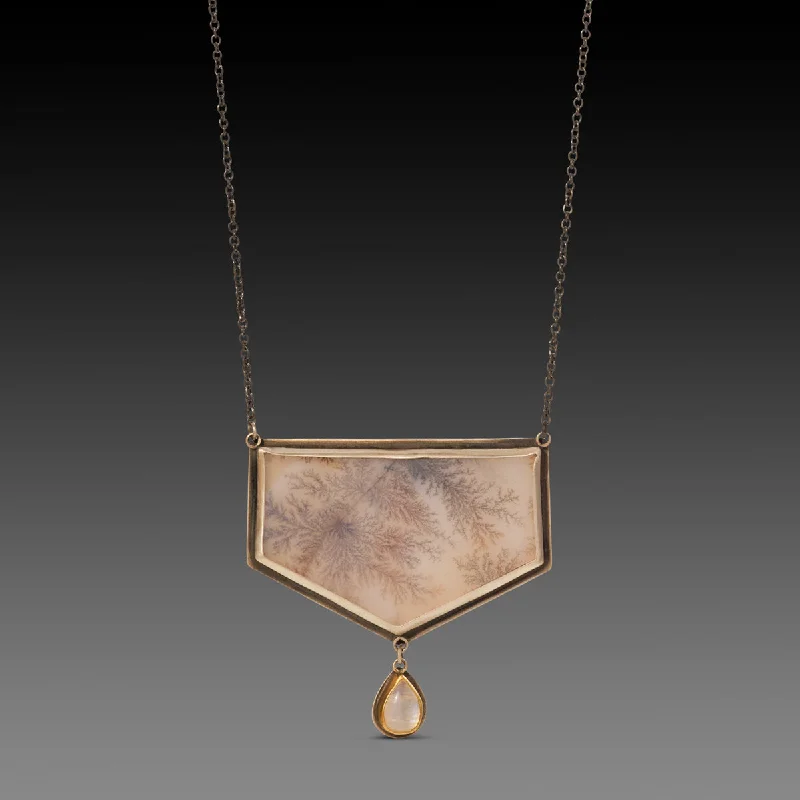 Tilted design necklaces-Dendritic Agate & Moonstone Drop Necklace