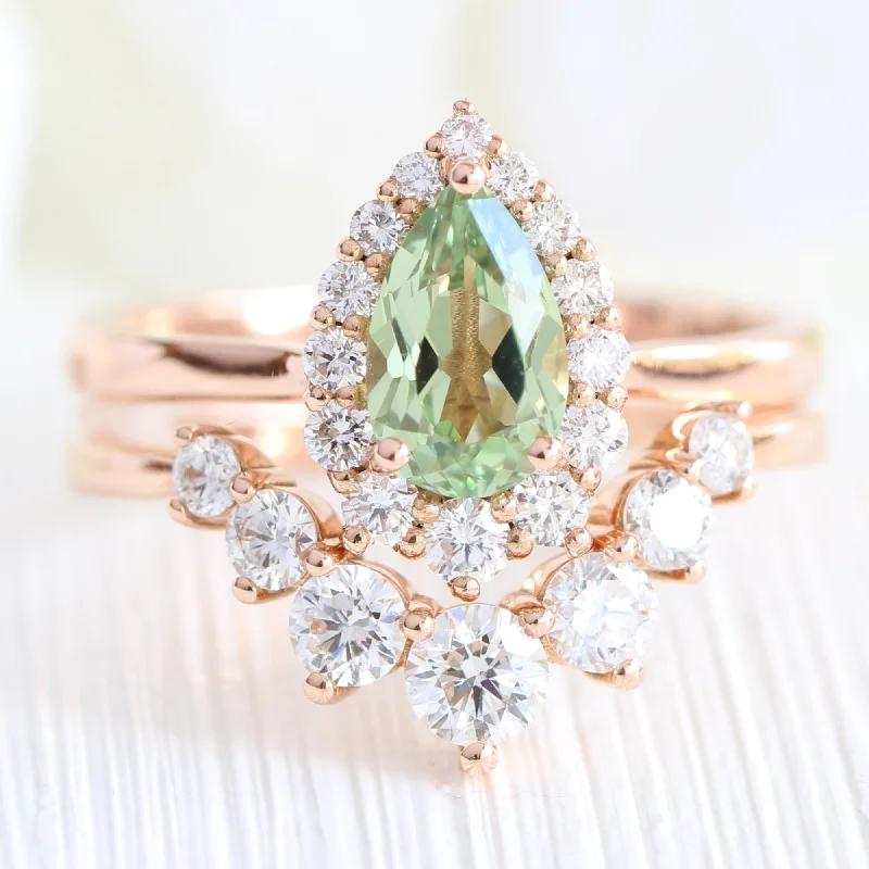 Tiny star rings-Tiara Halo Pear Ring Bridal Set w/ Green Sapphire and Large 7 Diamond U Band