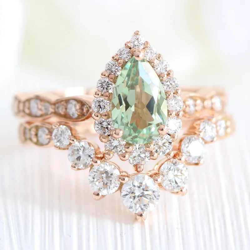 Classic lock rings-Tiara Halo Pear Ring Bridal Set w/ Green Sapphire and Large 7 Diamond Scalloped Band