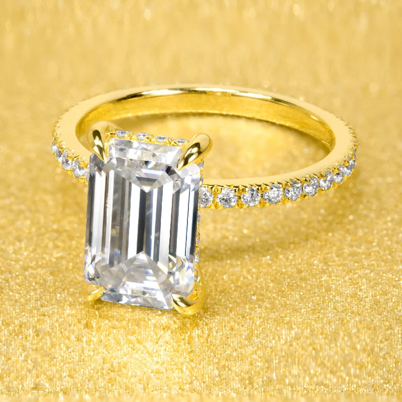 Classic flair rings-The Stella, 3ct Elongated Emerald-cut Moissanite Hidden Halo Ring