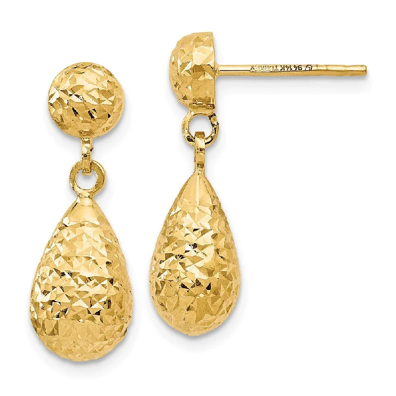 Radiant druzy earrings-Diamond Cut Teardrop Post Dangle Earrings in 14k Yellow Gold, 20mm