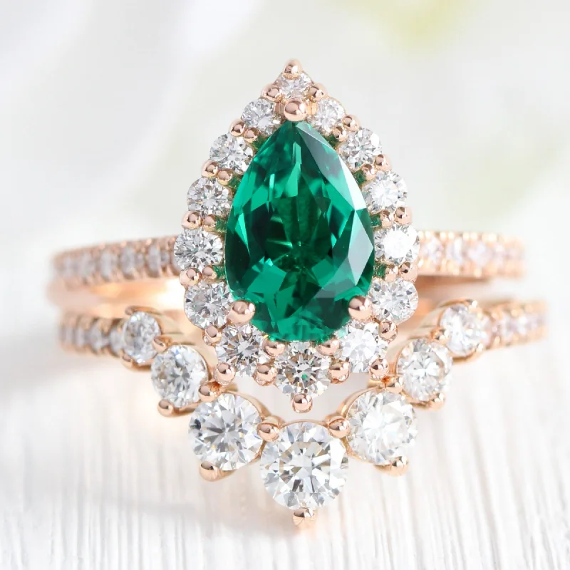 White quartz rings-Large Tiara Halo Pave Ring Set w/ Pear Emerald and Large 7 Diamond U Band