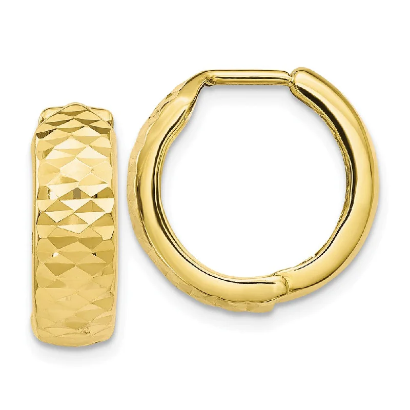 Vine hoop earrings-5mm 10k Yellow Gold Diamond Cut Hinged Huggie Hoops, 16mm (5/8 Inch)