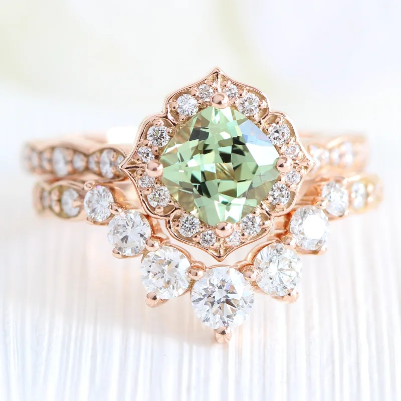 Trapezoid stone rings-Mini Vintage Floral Cushion Ring Set w/ Green Sapphire and Large 7 Diamond Scalloped Band