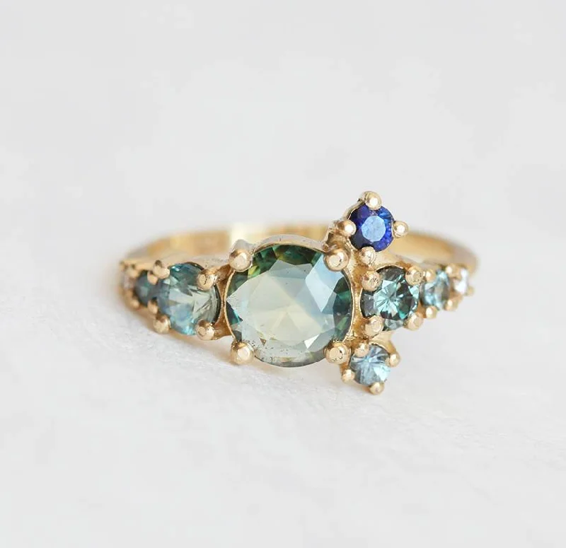 White quartz rings-Zelda Teal Sapphire Diamond Cluster Ring