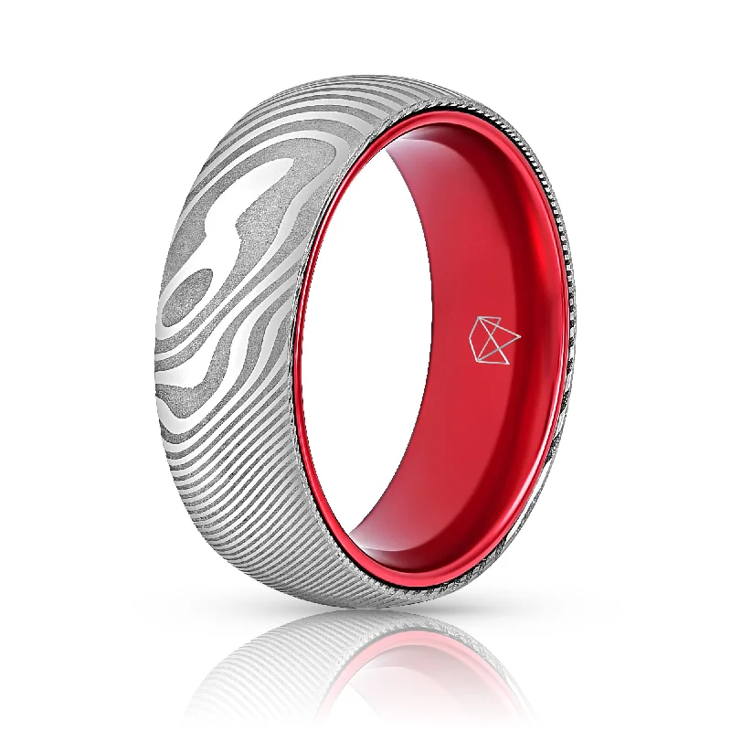 Ripple style rings-Wood Grain Damascus Steel Ring - Resilient Red