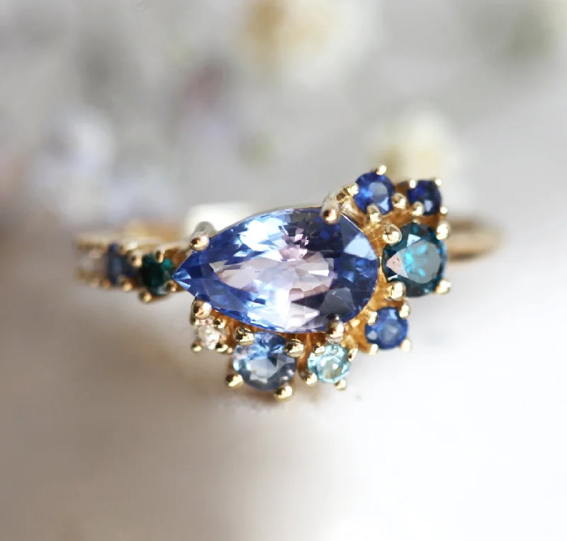 Georgian style rings-Freyja Blue Sapphire Emerald Topaz Diamond Cluster Ring