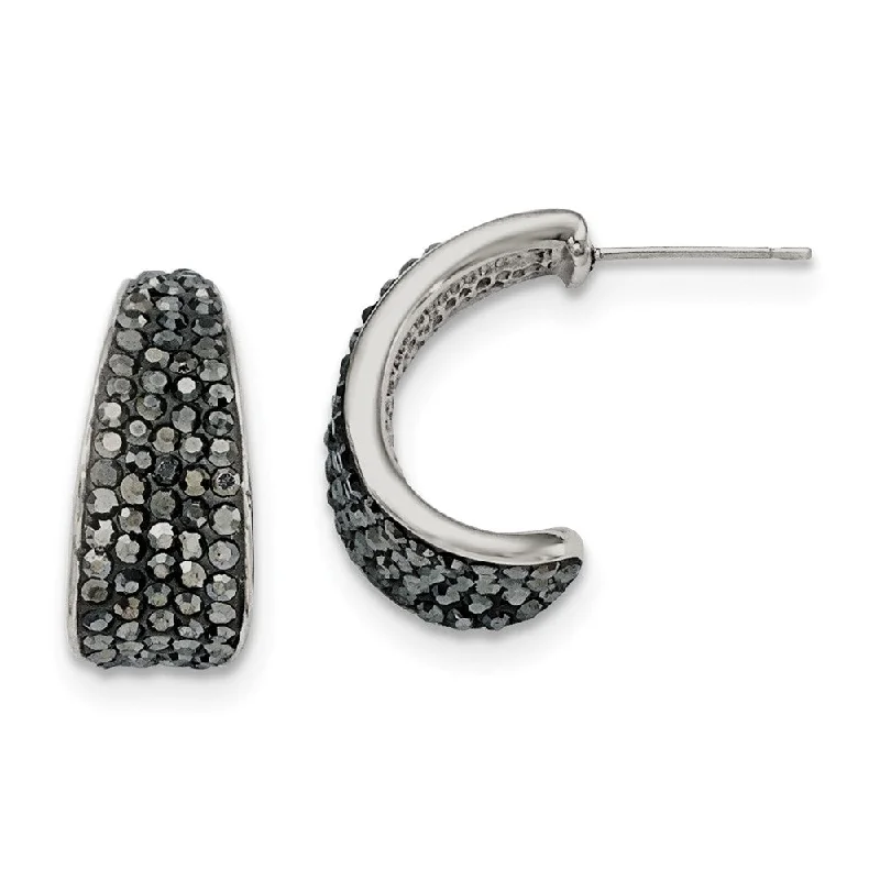 Braided bead earrings-Black Crystal Tapered Half Hoop Post Earrings in Stainless Steel