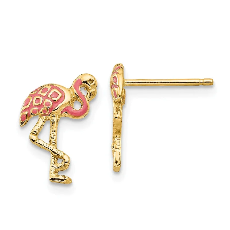 Bold cuff earrings-Pink Flamingo Post Earrings in 14k Yellow Gold and Enamel