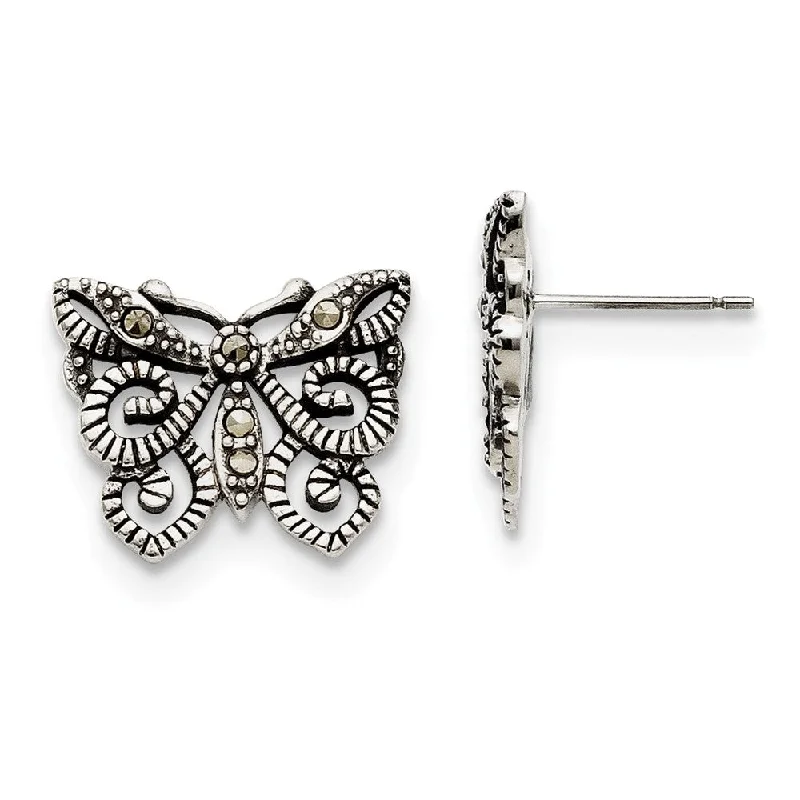 Wave shape earrings-18mm Marcasite Scroll Butterfly Post Earrings in Stainless Steel