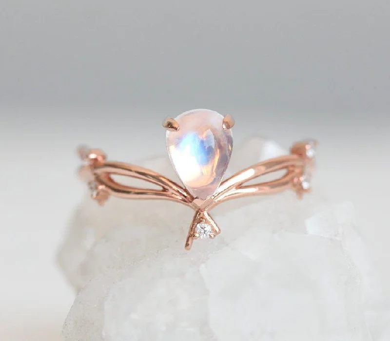 Sturdy stone rings-Pear-Cut Moonstone Ring With Twig And Diamond Buds