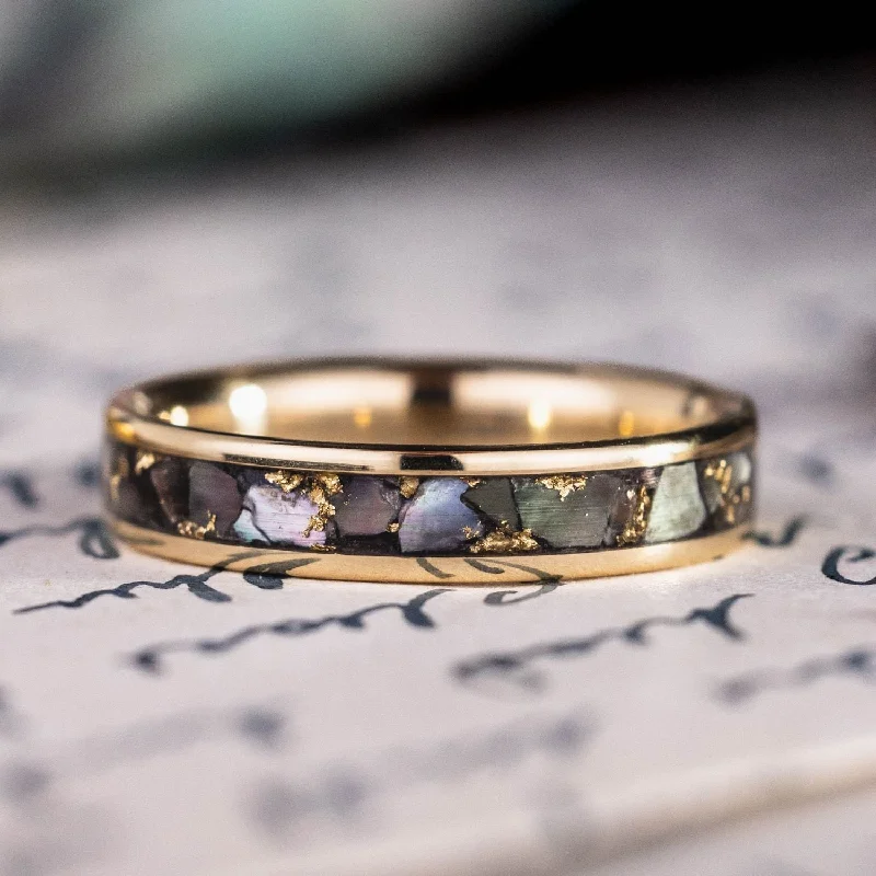 Obsidian inlay rings-The Tempest | Women's Gold & Black Mother of Pearl Ring with Gold Flakes