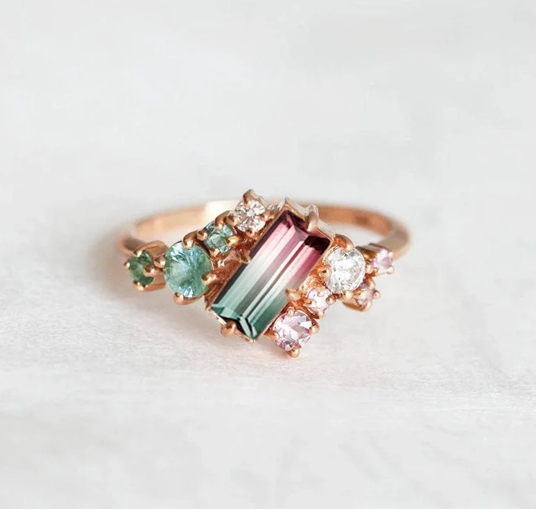 Ametrine rings-Lila Watermelon Tourmaline Cluster Ring