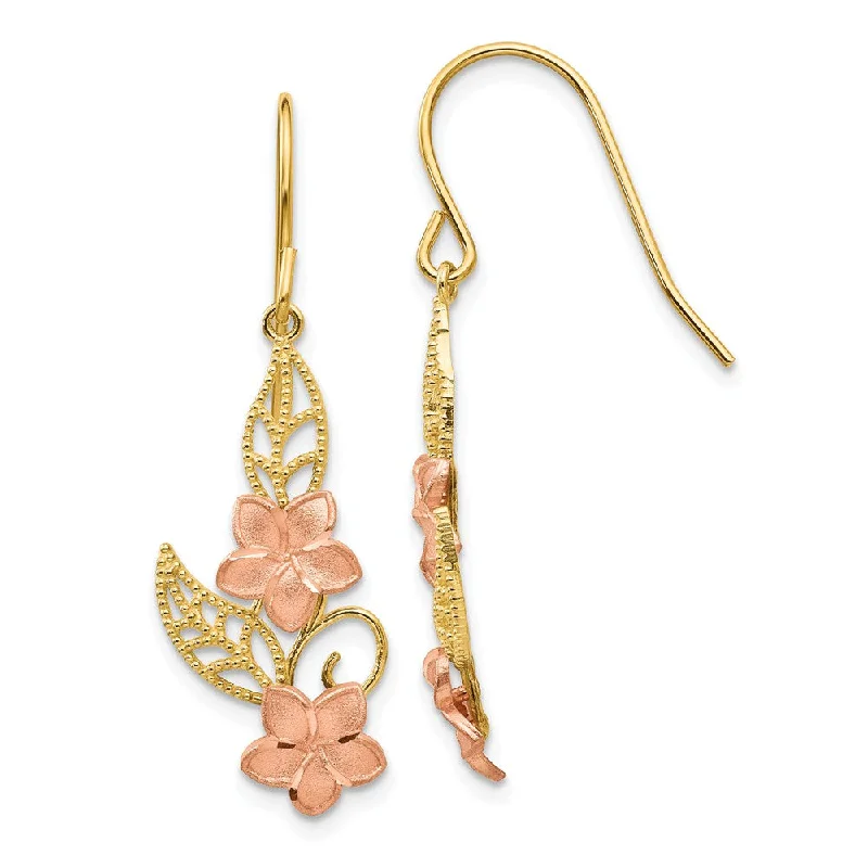 Oxidized gold earrings-Two Tone Double Plumeria Dangle Earrings in 14k Yellow and Rose Gold