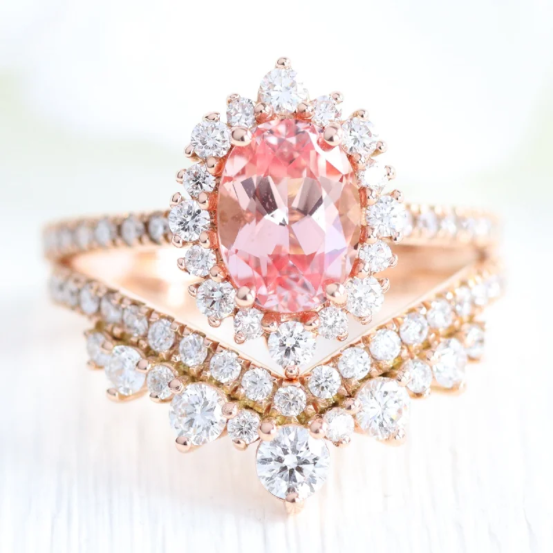 Intricate filigree rings-Tiara Halo Oval Pave Ring Set w/ Peach Sapphire and Large Tiara Diamond V Band