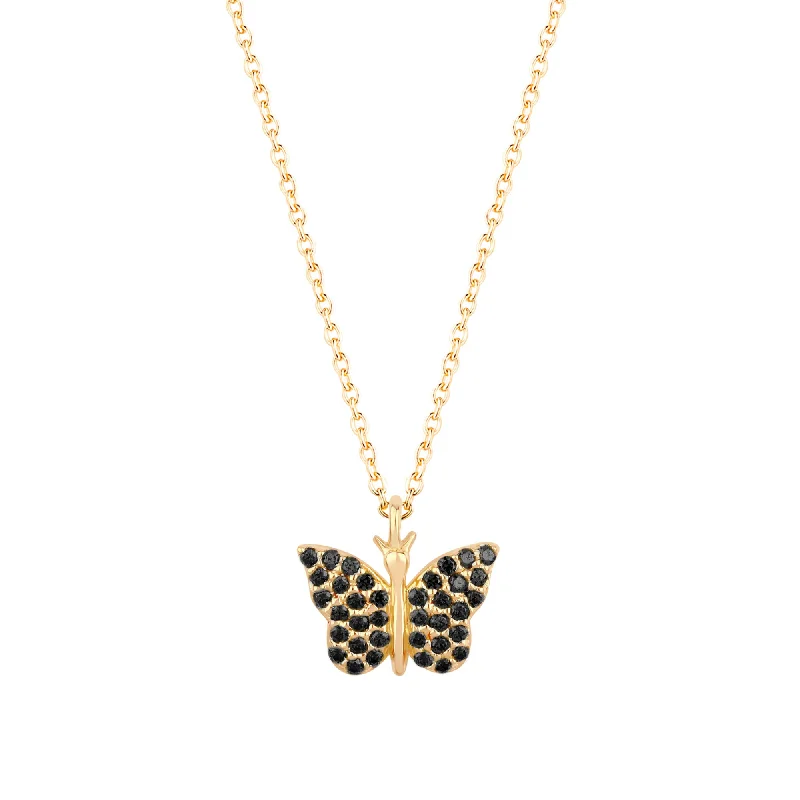 High-gloss necklaces-Butterfly 18K Gold Plated Necklace w. Black Zirconias