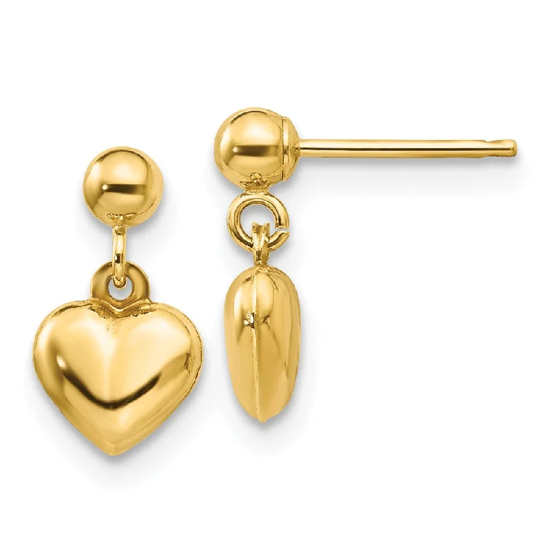 Intricate drop earrings-Kids Puffed Heart Dangle Post Earrings in 14k Yellow Gold