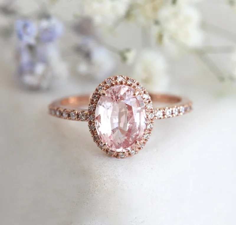 Crystal stack rings-Chloe Halo Diamond Oval Peach Sapphire Ring in 14k Rose Gold