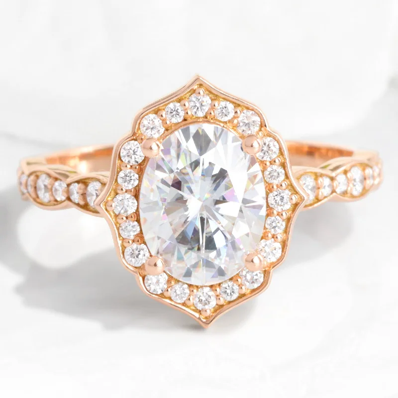 Lavish gem rings-Large Oval Moissanite Ring in 14k Rose Gold Vintage Floral Diamond, Size 7.5