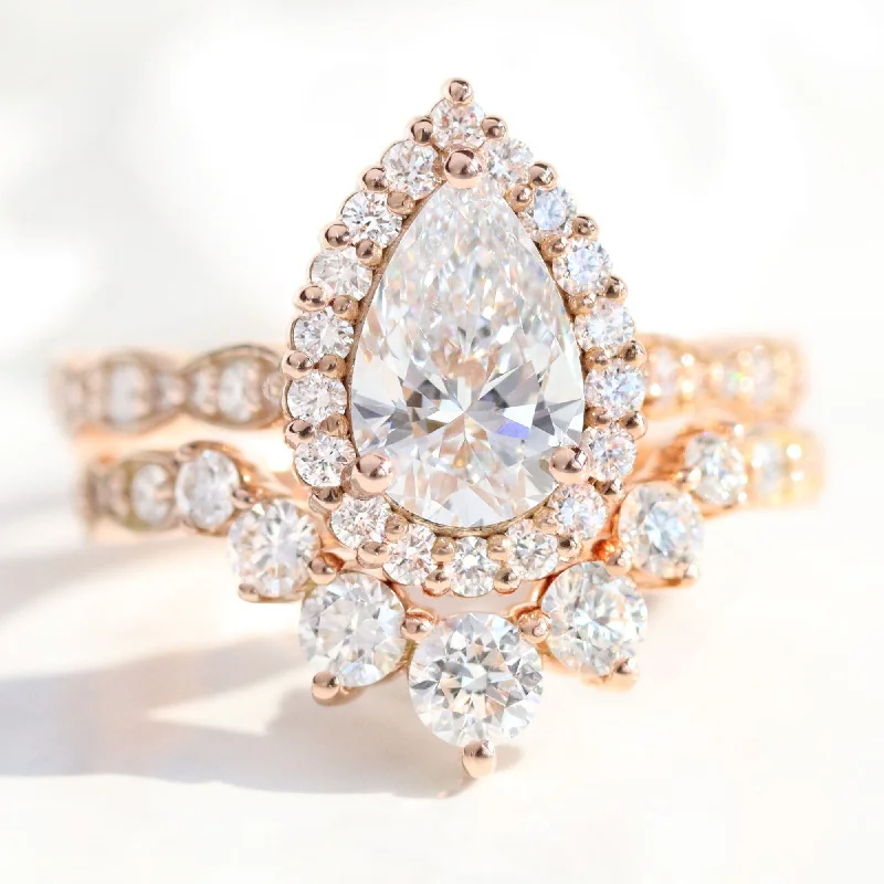 Bare dot rings-2.37 Ct Pear Diamond Halo Ring Set w/ Lab Diamond and Large 7 Stone Scalloped Band