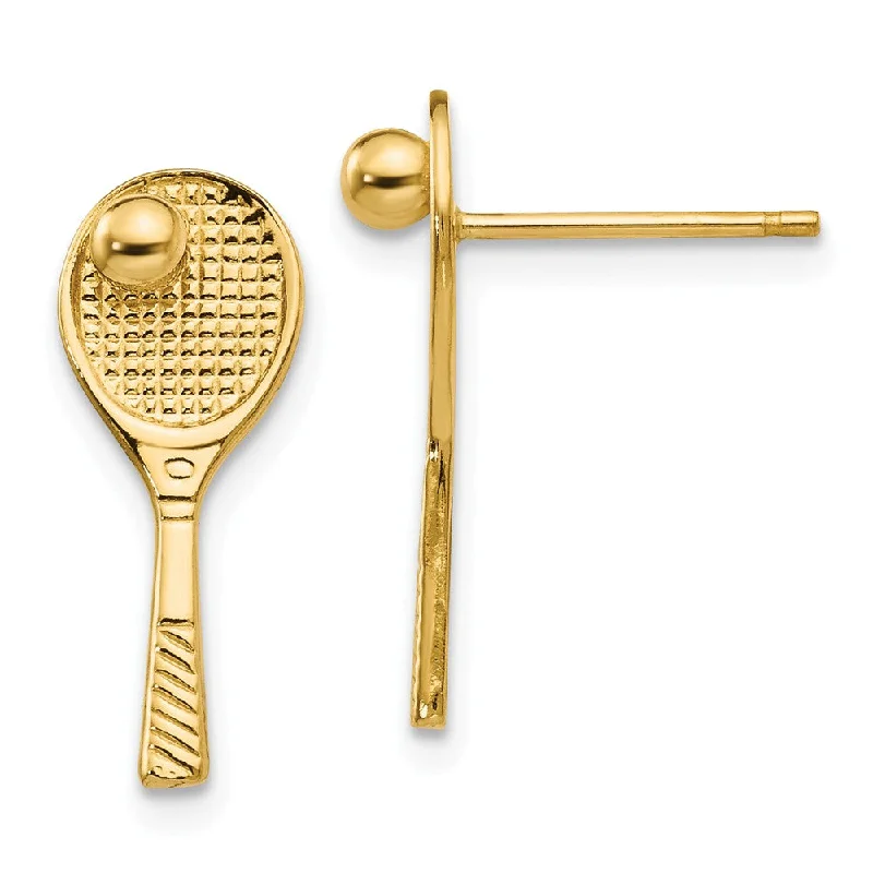 Carved texture earrings-Polished Tennis Racquet and Ball Post Earrings in 14k Yellow Gold