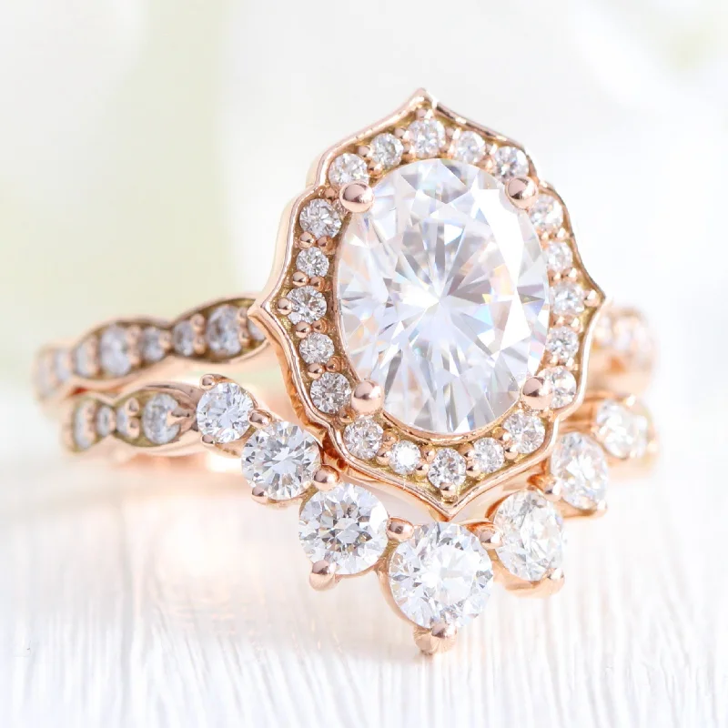 Prism star rings-Large Vintage Floral Oval Ring Set w/ Moissanite and Large 7 Diamond Scalloped Band