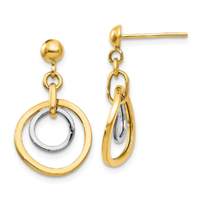 Curved drop earrings-Two-tone Double Circle Dangle Post Earrings in 14k Gold