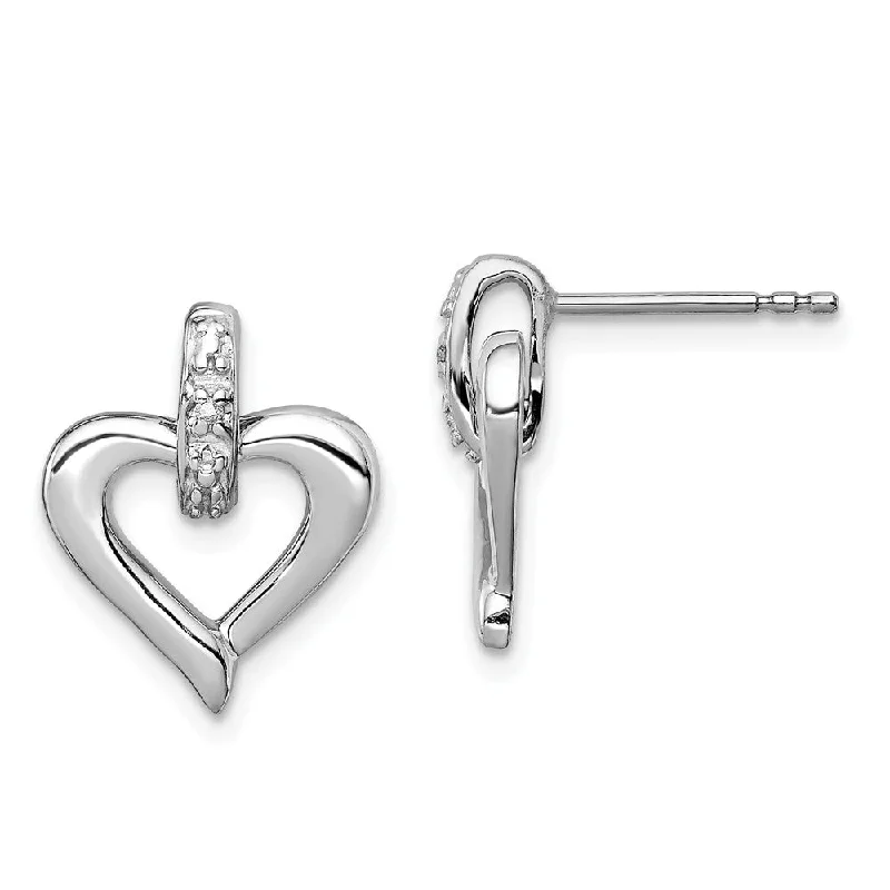 Glossy enamel earrings-12mm Open Heart Diamond Accent Post Earrings in Sterling Silver