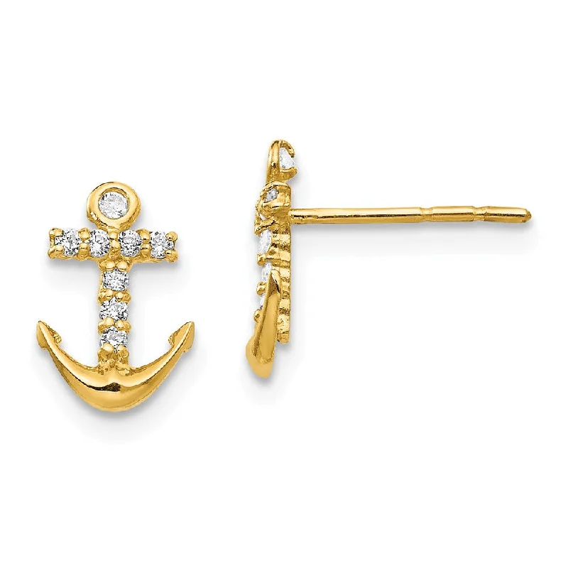 Crystal cluster earrings-Children's 14k Yellow Gold & CZ 9mm Anchor Cross Post Earrings