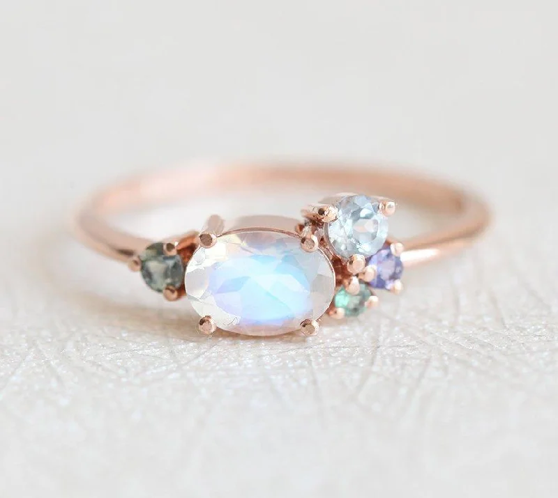 Stained wood rings-Merritt Oval Moonstone Tanzanite Sapphires Cluster Ring