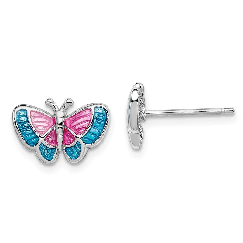 Spiral wire earrings-Pink and Blue Enameled Butterfly Post Earrings in Sterling Silver