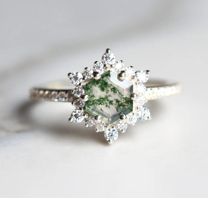 Tulip rings-Ayla Hexagon Moss Agate Ring with Diamond Halo